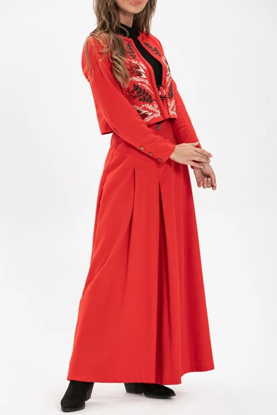 Uzun Kol Nakışlı Pazen Sonbahar ve Kışlık Ceket Kırmızı Krmz L Kırmızı - Resim 3