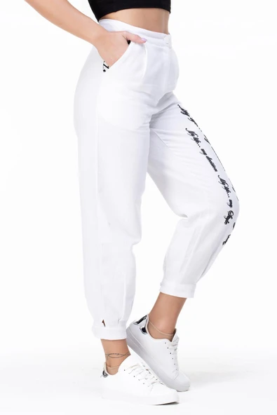 İlkay Baskılı Pazen Sonbahar ve Kışlık Pantolon Beyaz Byz L Beyaz - 6