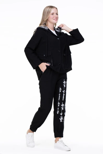 Uzun Kol Kapüşonlu Gamze Pazen Sonbahar ve Kışlık Ceket Siyah Syh 2XL-3XL Siyah - 7
