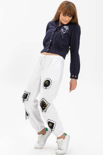 Yamalı Pazen Sonbahar ve Kışlık Pantolon Beyaz Byz L Beyaz - 4