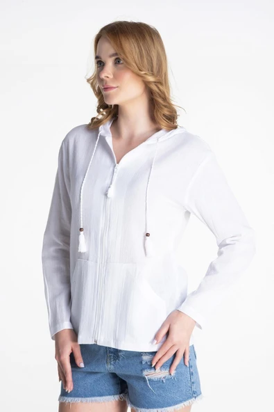 Uzun Kol Şile Bezi Kapüşonlu Mevsimlik Bluz Beyaz Byz S Beyaz - Resim 5
