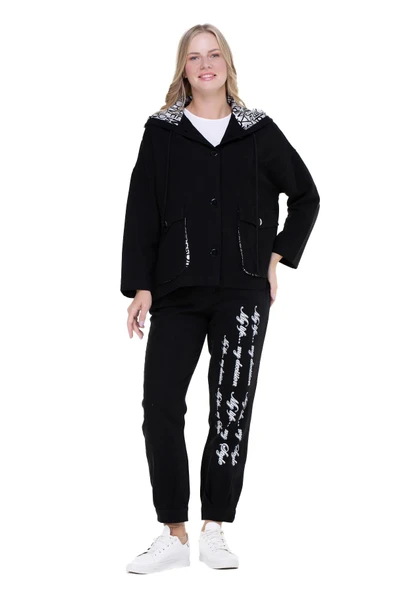 Uzun Kol Kapüşonlu Gamze Pazen Sonbahar ve Kışlık Ceket Siyah Syh 2XL-3XL Siyah - 9