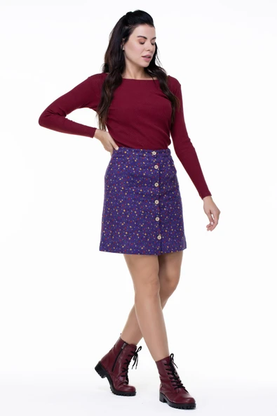 Hande Pazen Kısa Sonbahar ve Kışlık Etek Çıtır Desen Mor Mor - Resim 5