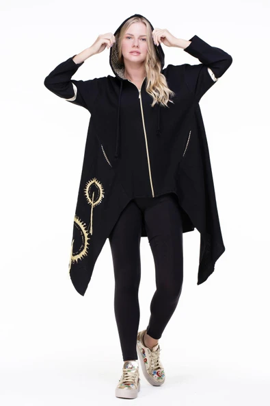 Uzun Kol Efsun Pazen Sonbahar ve Kışlık Ceket Siyah Syh - Resim 3