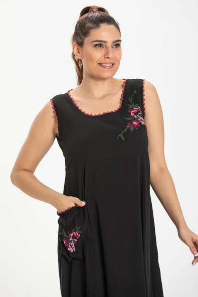 Kolsuz Şile Bezi Burçak Midi Boy Yazlık Elbise Siyah Syh - Resim 3