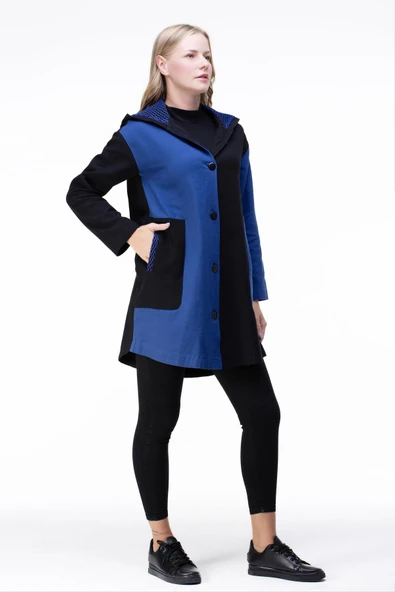 Uzun Kol Kapüşonlu Hayal Baskılı Pazen Sonbahar ve Kışlık Ceket Saks Sks L/XL Saks - 4