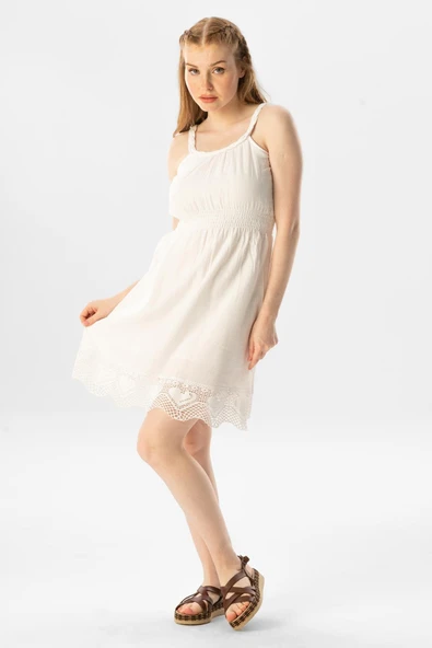 Askılı Şile Bezi Örgülü Mini Yazlık Elbise Beyaz Byz - Resim 5