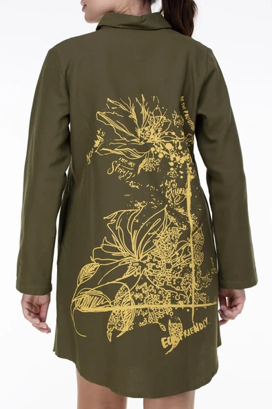 Uzun Kol Nuray Baskılı Pazen Sonbahar ve Kışlık Tunik Haki Hk 2XL-3XL Haki - Resim 4