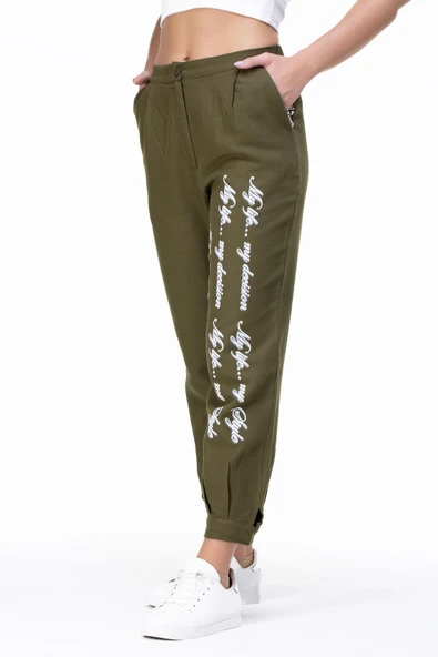 İlkay Baskılı Pazen Sonbahar ve Kışlık Pantolon Haki Hk L Haki - 3