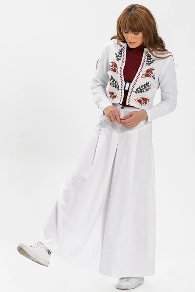 Uzun Kol Nakışlı Pazen Sonbahar ve Kışlık Ceket Beyaz Byz L Beyaz - 4