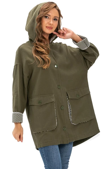 Uzun Kol Kapüşonlu Safari Baskılı Pazen Sonbahar ve Kışlık Ceket Haki Hk L/XL Haki - 5