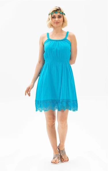 Askılı Şile Bezi Örgülü Mini Yazlık Elbise Turkuaz Trkz - Resim 4