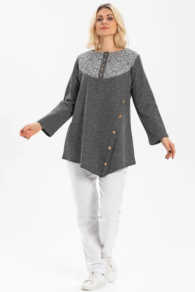Uzun Kol Adile İnterlok Sonbahar ve Kışlık Tunik Gri Gri L Gri - Resim 4