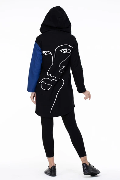 Uzun Kol Kapüşonlu Hayal Baskılı Pazen Sonbahar ve Kışlık Ceket Saks Sks L/XL Saks - 2