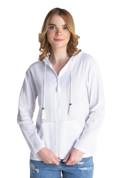 Uzun Kol Şile Bezi Kapüşonlu Mevsimlik Bluz Beyaz Byz S Beyaz - Resim 8