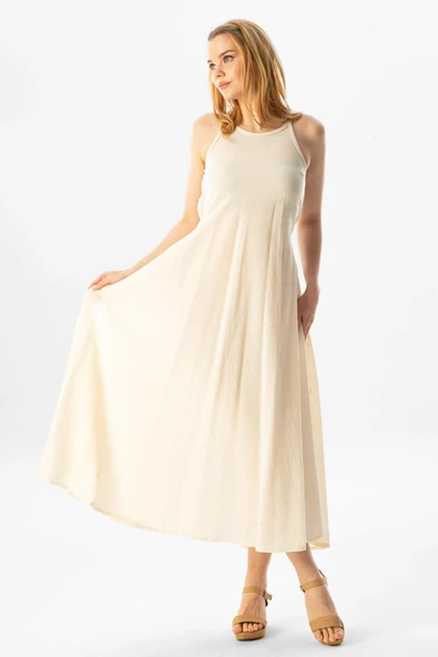 Askılı Şile Bezi Sima Uzun Yazlık Elbise Krem Krm - Resim 5