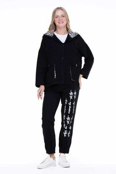 Uzun Kol Kapüşonlu Gamze Pazen Sonbahar ve Kışlık Ceket Siyah Syh 2XL-3XL Siyah - 1