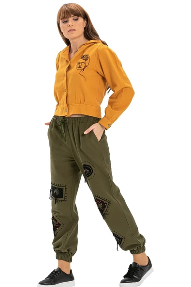 Yamalı Pazen Sonbahar ve Kışlık Pantolon Haki Hk L Haki - 6