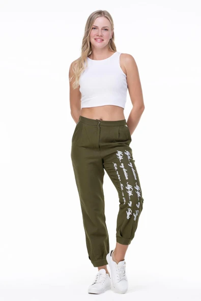 İlkay Baskılı Pazen Sonbahar ve Kışlık Pantolon Haki Hk L Haki