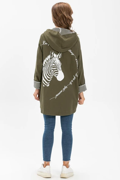 Uzun Kol Kapüşonlu Safari Baskılı Pazen Sonbahar ve Kışlık Ceket Haki Hk L/XL Haki - 2