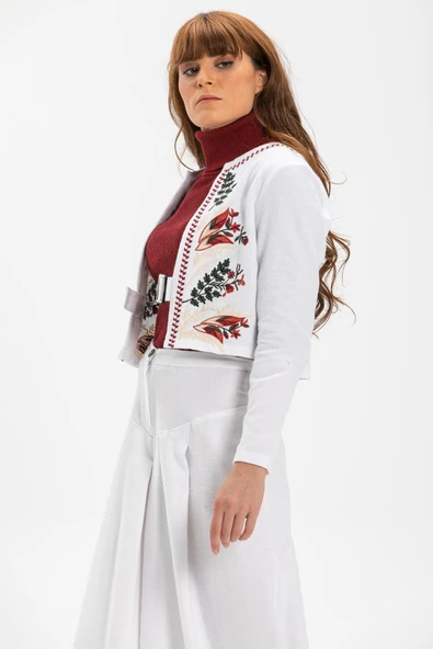 Uzun Kol Nakışlı Pazen Sonbahar ve Kışlık Ceket Beyaz Byz L Beyaz - 3