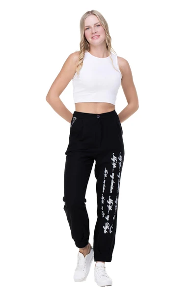 İlkay Baskılı Pazen Sonbahar ve Kışlık Pantolon Siyah Syh L Siyah - 9