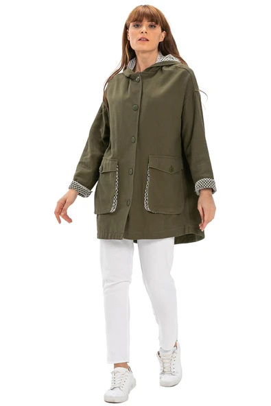 Uzun Kol Kapüşonlu Safari Pazen Sonbahar ve Kışlık Ceket Haki Hk L/XL Haki - 6