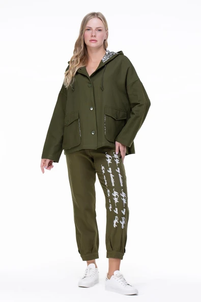 Uzun Kol Kapüşonlu Gamze Pazen Sonbahar ve Kışlık Ceket Haki Hk 2XL-3XL Haki - 4