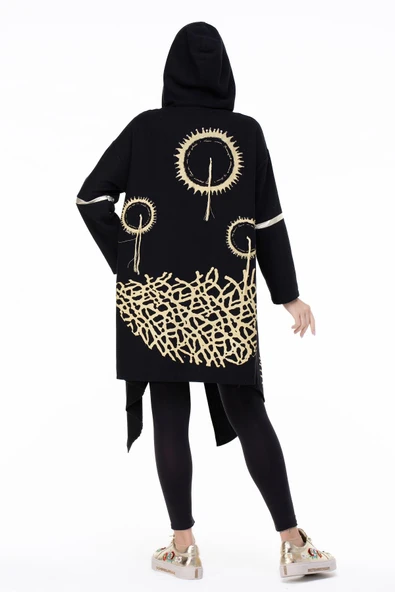 Uzun Kol Efsun Pazen Sonbahar ve Kışlık Ceket Siyah Syh - Resim 4