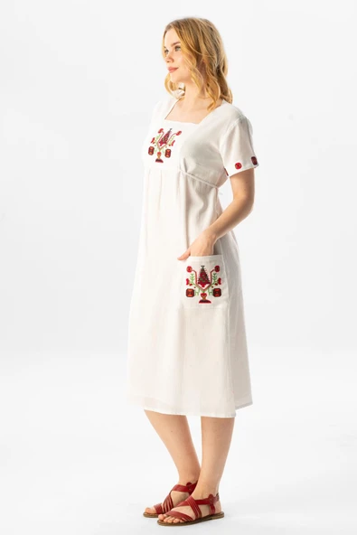 Kısa Kol Şile Bezi Melek Midi Boy Yazlık Otantik Elbise Beyaz Byz - Resim 4