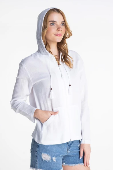 Uzun Kol Şile Bezi Kapüşonlu Mevsimlik Bluz Beyaz Byz S Beyaz - Resim 6