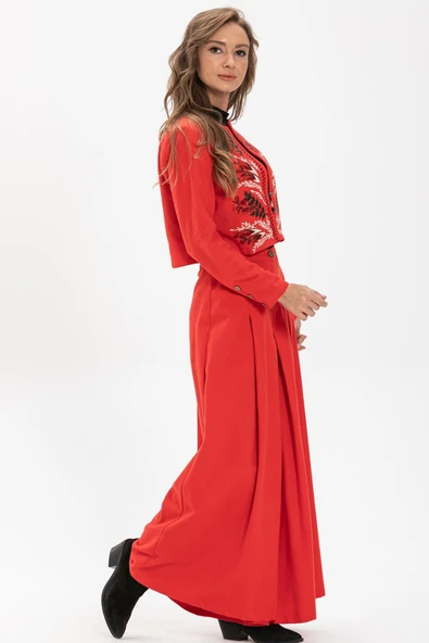 Uzun Kol Nakışlı Pazen Sonbahar ve Kışlık Ceket Kırmızı Krmz L Kırmızı - Resim 4