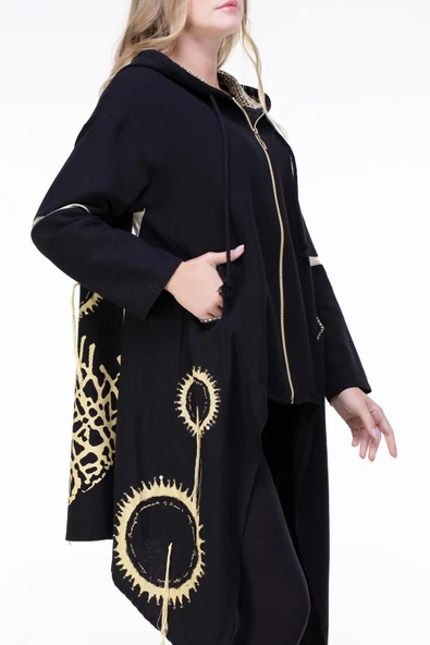 Uzun Kol Efsun Pazen Sonbahar ve Kışlık Ceket Siyah Syh - Resim 5