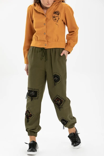 Yamalı Pazen Sonbahar ve Kışlık Pantolon Haki Hk L Haki - 3