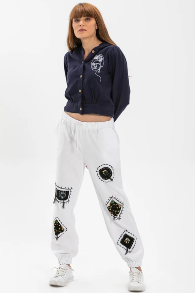 Yamalı Pazen Sonbahar ve Kışlık Pantolon Beyaz Byz L Beyaz - 5