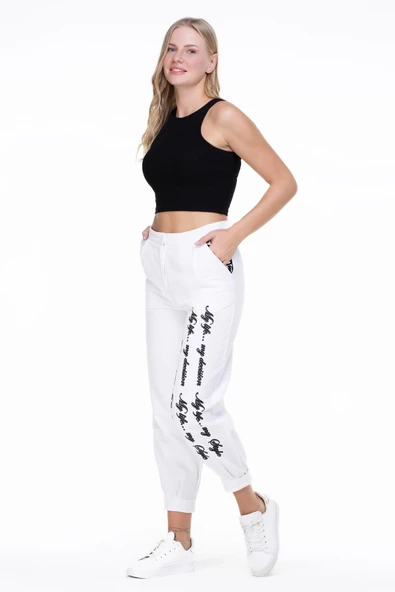 İlkay Baskılı Pazen Sonbahar ve Kışlık Pantolon Beyaz Byz L Beyaz - 7