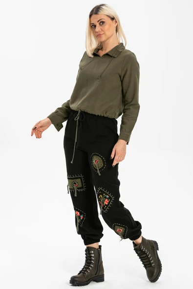 Yamalı Pazen Sonbahar ve Kışlık Pantolon Siyah Syh L Siyah - 4