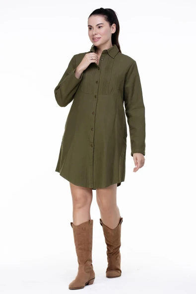 Uzun Kol Nuray Baskılı Pazen Sonbahar ve Kışlık Tunik Haki Hk 2XL-3XL Haki - Resim 5