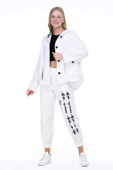 Uzun Kol Kapüşonlu Gamze Pazen Sonbahar ve Kışlık Ceket Beyaz Byz 2XL-3XL Beyaz - 5