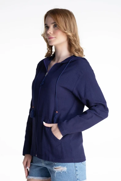 Uzun Kol Şile Bezi Kapüşonlu Mevsimlik Bluz Mor Mor S Mor - Resim 6