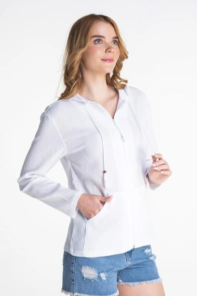 Uzun Kol Şile Bezi Kapüşonlu Mevsimlik Bluz Beyaz Byz S Beyaz - Resim 4