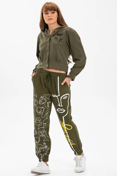 İrem Baskılı Pazen Sonbahar ve Kışlık Pantolon Haki Hk L Haki