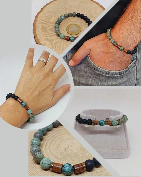 Afrika Turkuaz & Oniks Taşı 8mm Unisex Tasarım Bileklik Hawaii Model (3871) ürün görseli