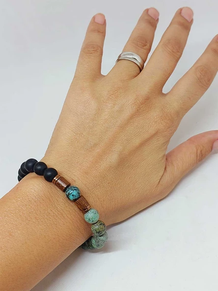 Afrika Turkuaz & Oniks Taşı 8mm Unisex Tasarım Bileklik Hawaii Model (3871) - Resim 4