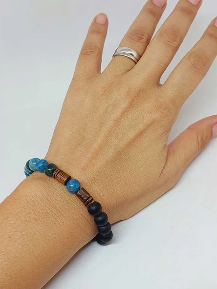 Apatit & Oniks Taşı 8mm Unisex Tasarım Bileklik Hawaii Model (14290) - Resim 4