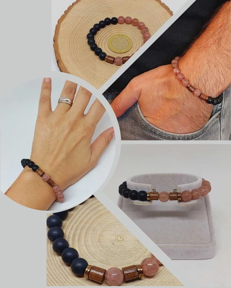 Çilek Kuvars & Oniks Taşı 8mm Unisex Tasarım Bileklik Hawaii Model (9778) ürün görseli