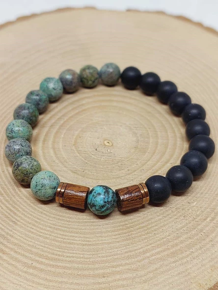 Afrika Turkuaz & Oniks Taşı 8mm Unisex Tasarım Bileklik Hawaii Model (3871) - Resim 6