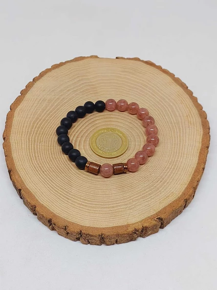 Çilek Kuvars & Oniks Taşı 8mm Unisex Tasarım Bileklik Hawaii Model (9778) - Resim 5