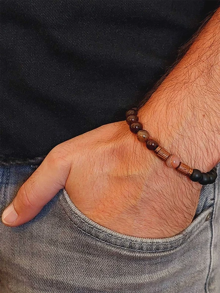 Siyah Alacalı Akik & Oniks Taşı 8mm Unisex Tasarım Bileklik Hawaii Model (3605) - Resim 3