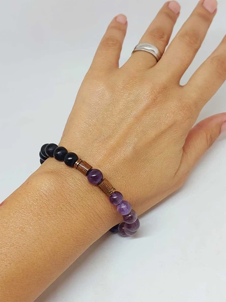 Ametist & Oniks Taşı 8mm Unisex Tasarım Bileklik Hawaii Model (8968) - Resim 4